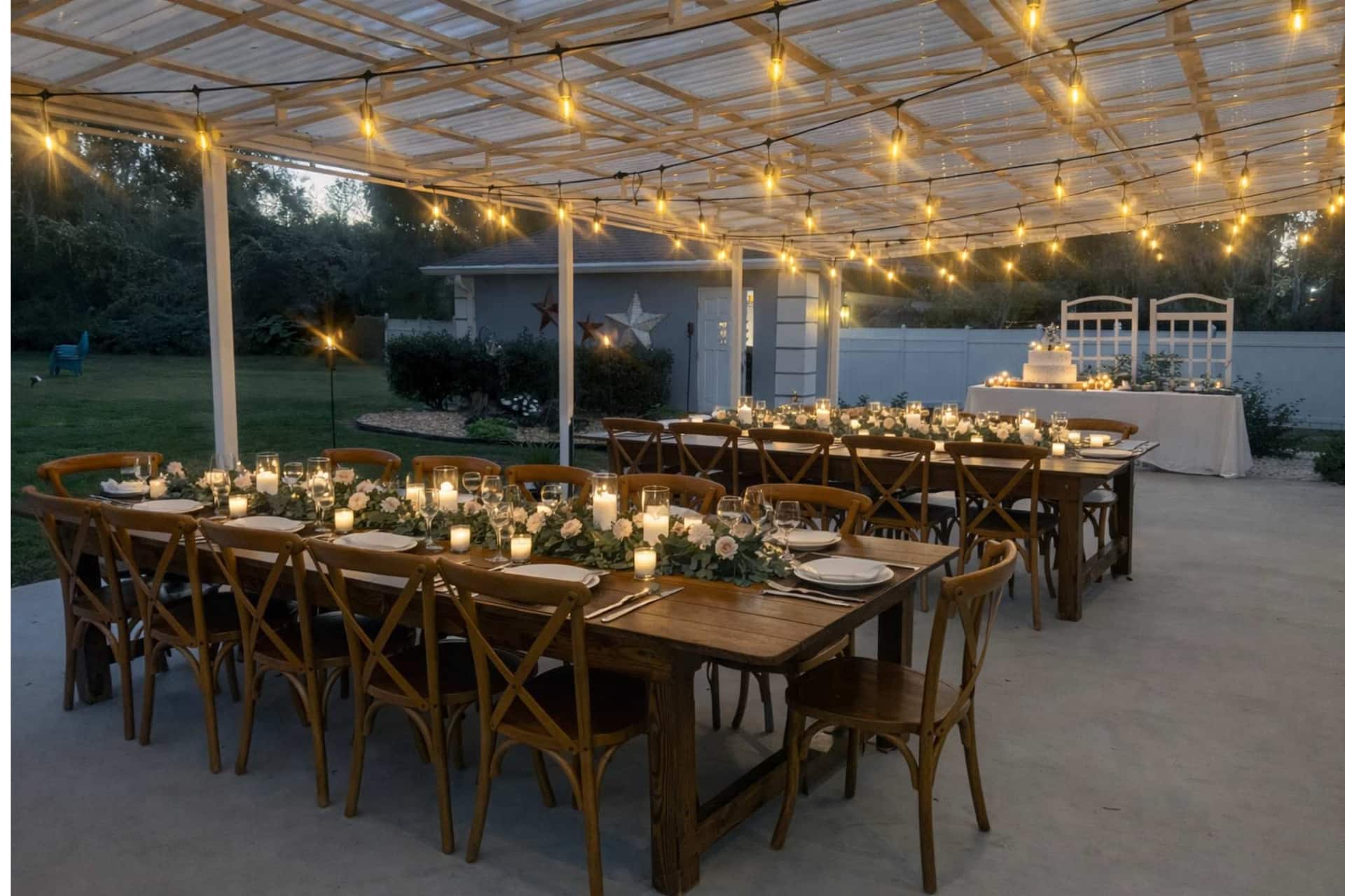 The covered patio at dusk, dressed for a wedding dinner — farmhouse tables and crossback chairs with candles and floral runners under the string lights, and a cake table at the far end