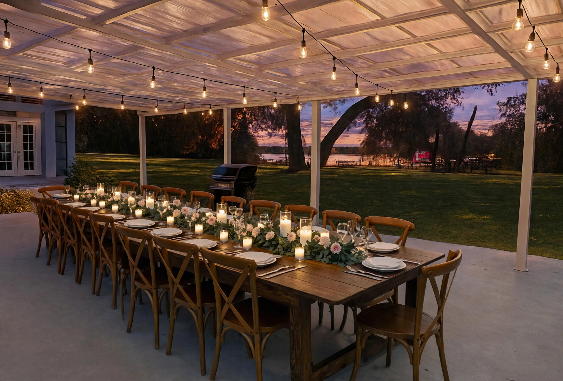 The covered patio at dusk dressed for a wedding dinner — the long farmhouse table set with white plates, wine glasses, a greenery and blush rose runner, and pillar candles under the string lights, with the lawn and lake beyond